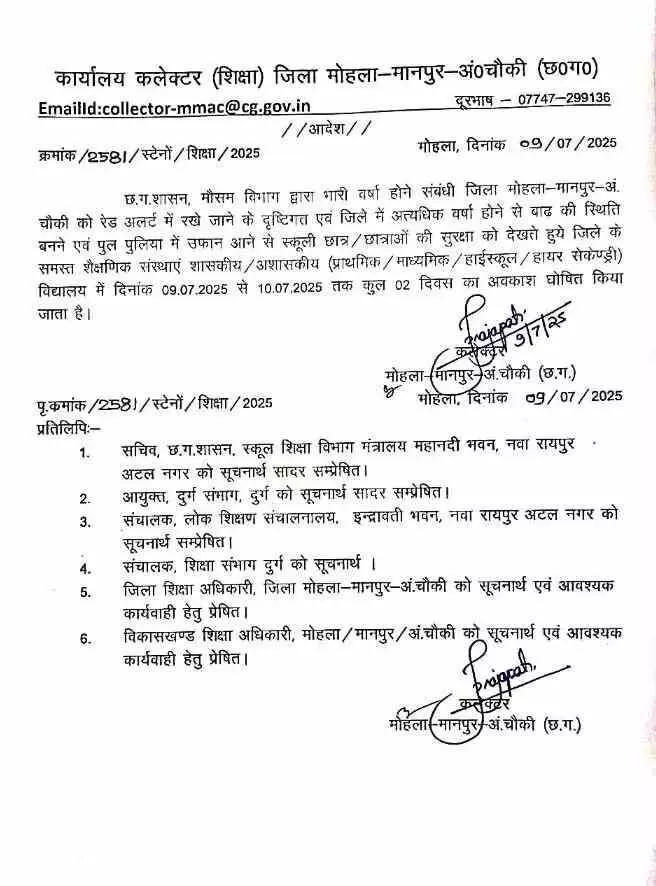 कल स्कूल और आंगनबाड़ियां बंद रहेगी, छग के इस जिले में भारी बारिश का रेड अलर्ट कल स्कूल और आंगनबाड़ियां बंद रहेगी, छग के इस जिले में भारी बारिश का रेड अलर्ट