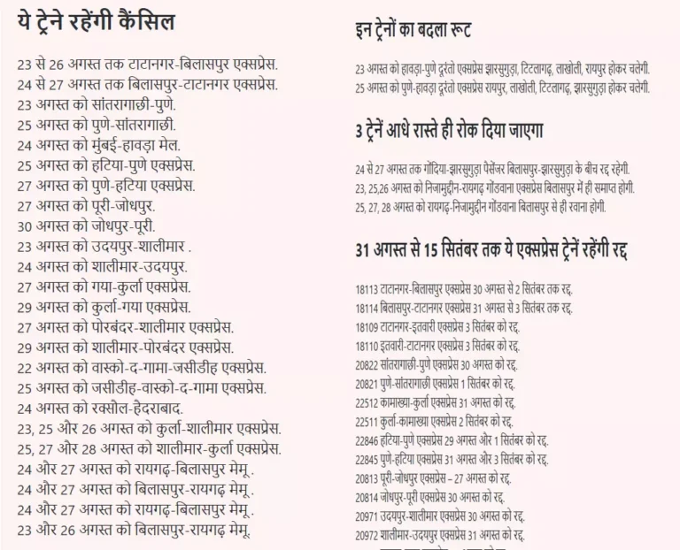 26 ट्रेनें रद्द, टाटानगर-बिलासपुर एक्सप्रेस भी शामिल 26 ट्रेनें रद्द, टाटानगर-बिलासपुर एक्सप्रेस भी शामिल