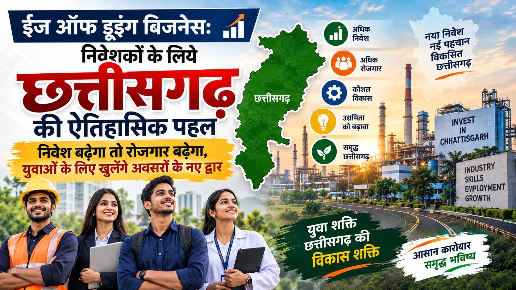 ईज ऑफ डूइंग बिजनेस: निवेशकों के लिए छत्तीसगढ़ की नई पहल, युवाओं के लिए खुलेंगे रोजगार के अवसर ईज ऑफ डूइंग बिजनेस: निवेशकों के लिए छत्तीसगढ़ की नई पहल, युवाओं के लिए खुलेंगे रोजगार के अवसर