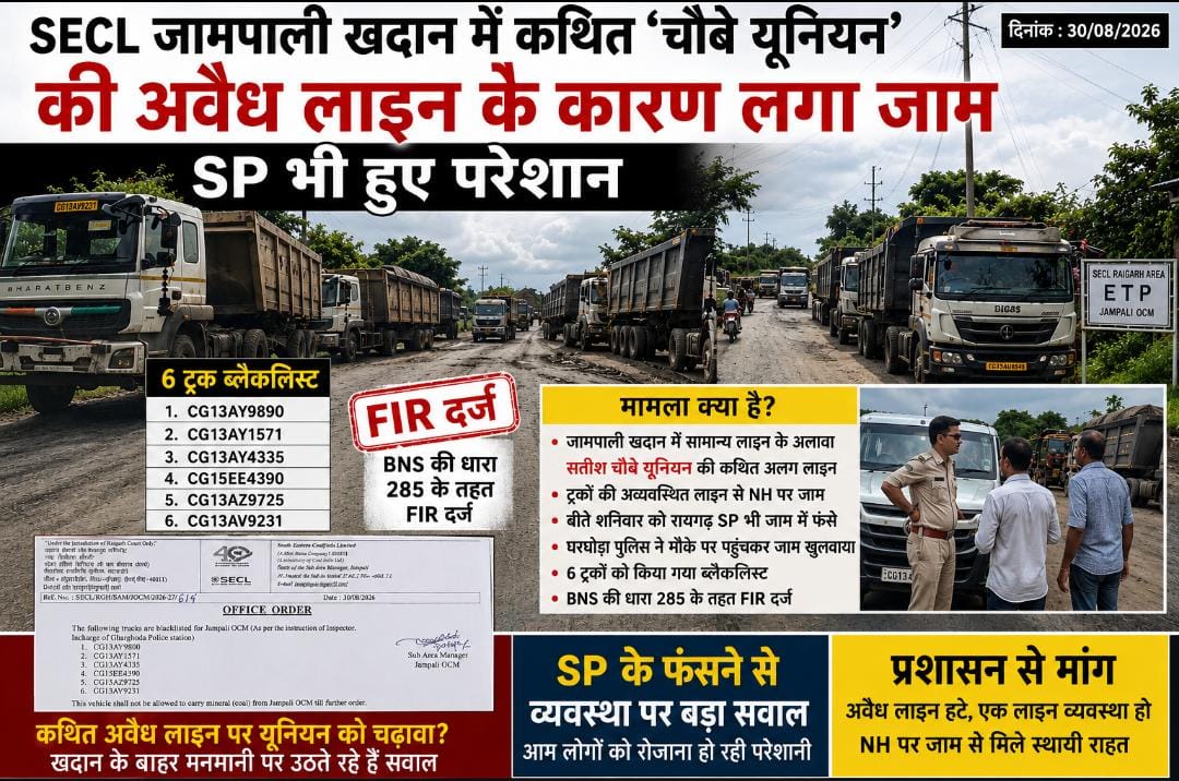 Raigarh SP Stuck In Traffic Jampali Mine Gharghoda: चौबे यूनियन की कथित अवैध लाइन पर उठे सवाल, घरघोड़ा पुलिस ने 6 ट्रकों पर दर्ज की FIR Raigarh SP Stuck In Traffic Jampali Mine Gharghoda: चौबे यूनियन की कथित अवैध लाइन पर उठे सवाल, घरघोड़ा पुलिस ने 6 ट्रकों पर दर्ज की FIR