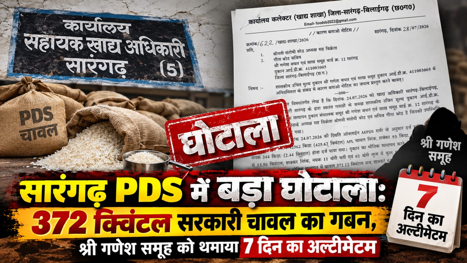 सारंगढ़ में 372 क्विंटल सरकारी चावल का गबन; श्री गणेश समूह को 7 दिन का अल्टीमेटम सारंगढ़ में 372 क्विंटल सरकारी चावल का गबन; श्री गणेश समूह को 7 दिन का अल्टीमेटम